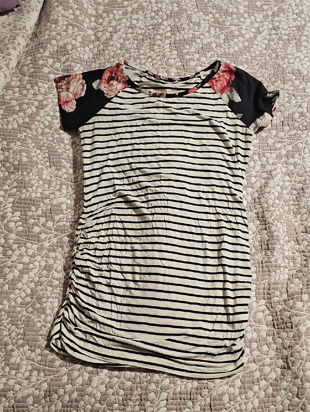 Striped Tee Dress with Floral Cap Sleeves - Black & White with Pink Floral